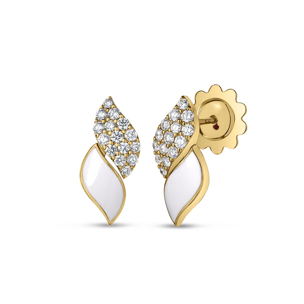 18Kt Yellow Gold San Marco White Enamel Earrings With (30) Round Diamonds Weighing 0.50cttw