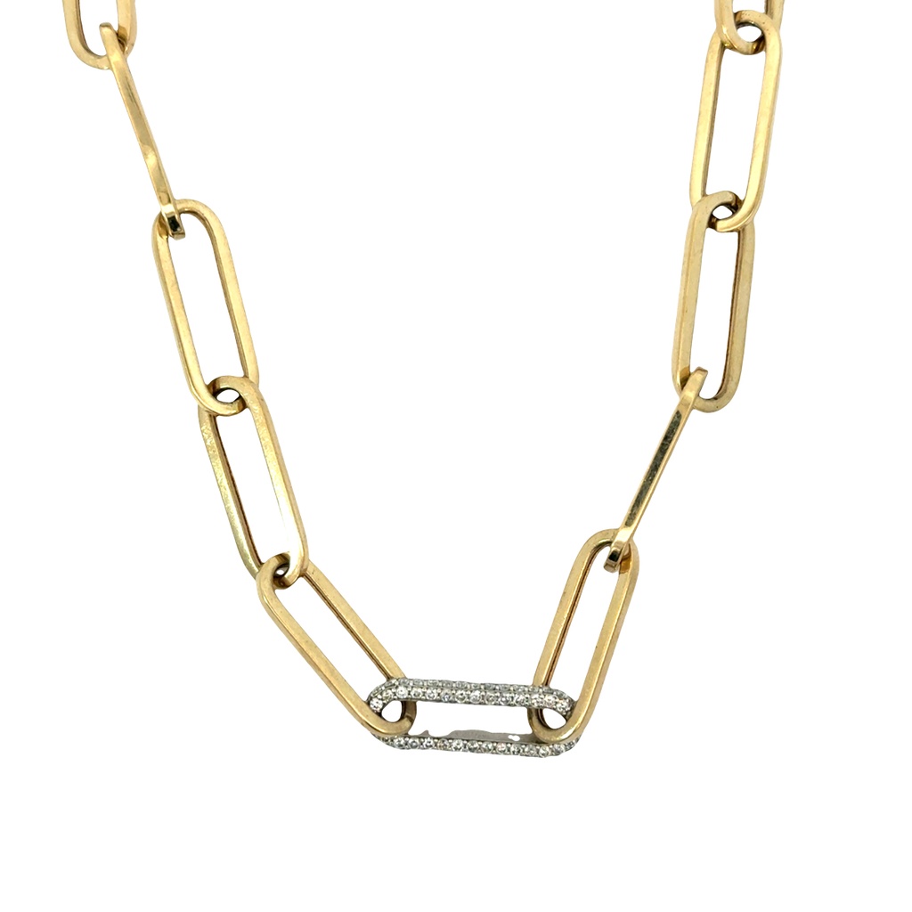 14Kt Yellow Gold Paperclip Chain Necklace With (100) Round Diamonds Weighing 1.43cttw