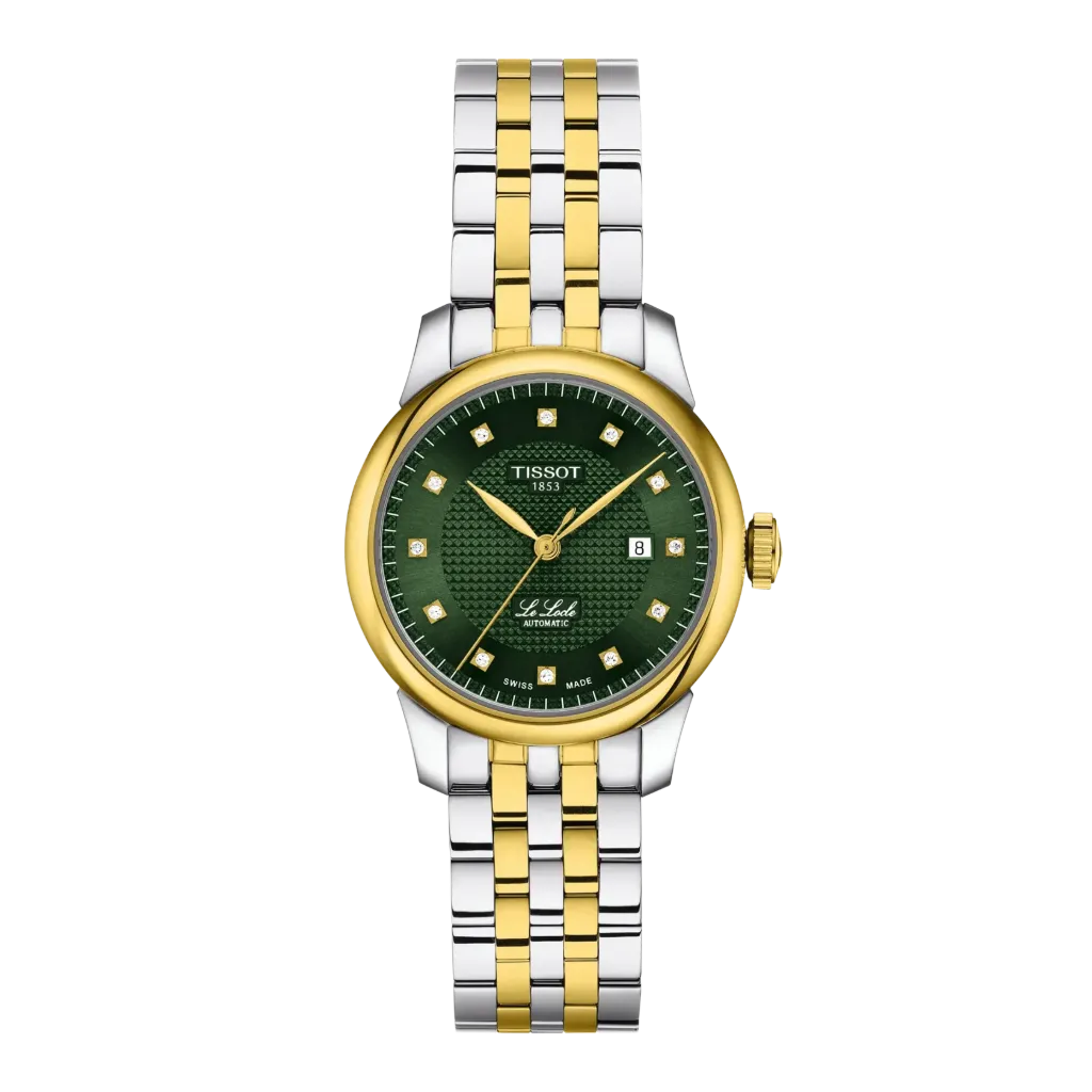 29mm Le Locle Green Dial Automatic Watch With Round Diamonds And A Stainless Steel Two Toned Band