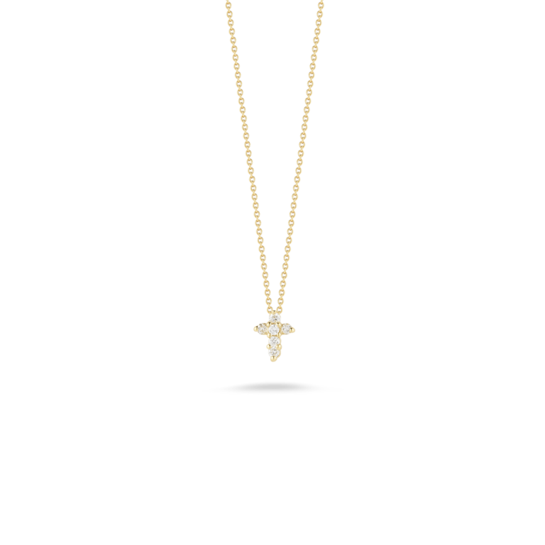 18Kt Yellow Gold Baby Cross Necklace With (6) Round Diamonds Weighing 0.11cttw