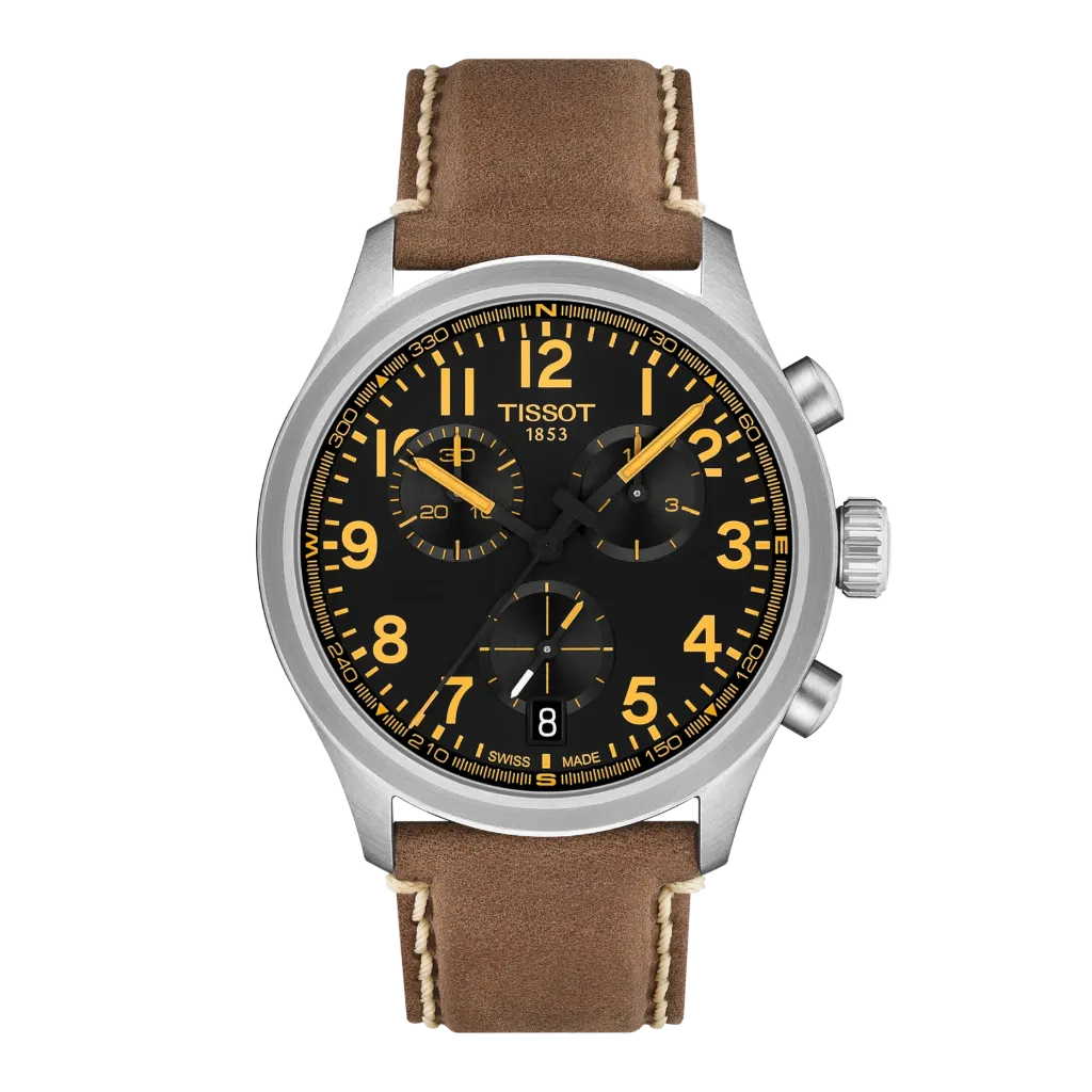 42mm Chrono Black Dial Quarts Watch With A Beige Strap