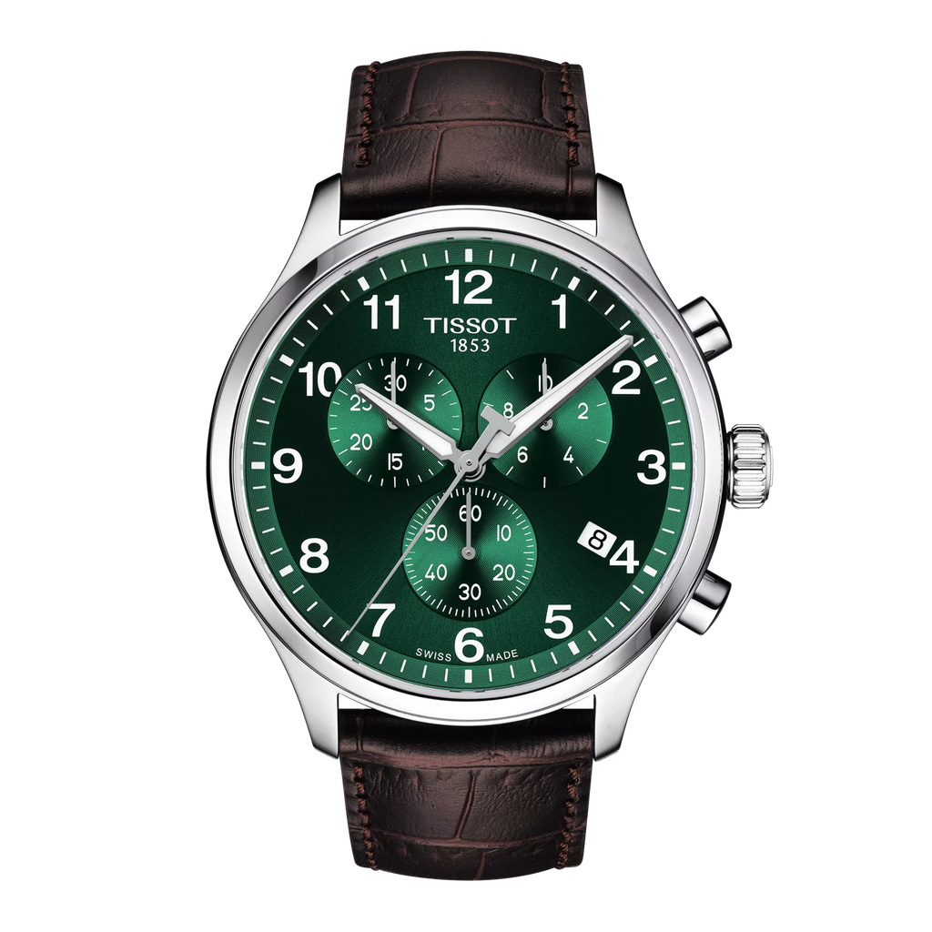 45mm Chrono XL Quartz Movement Green Dial Watch With A Brown Leather Strap
