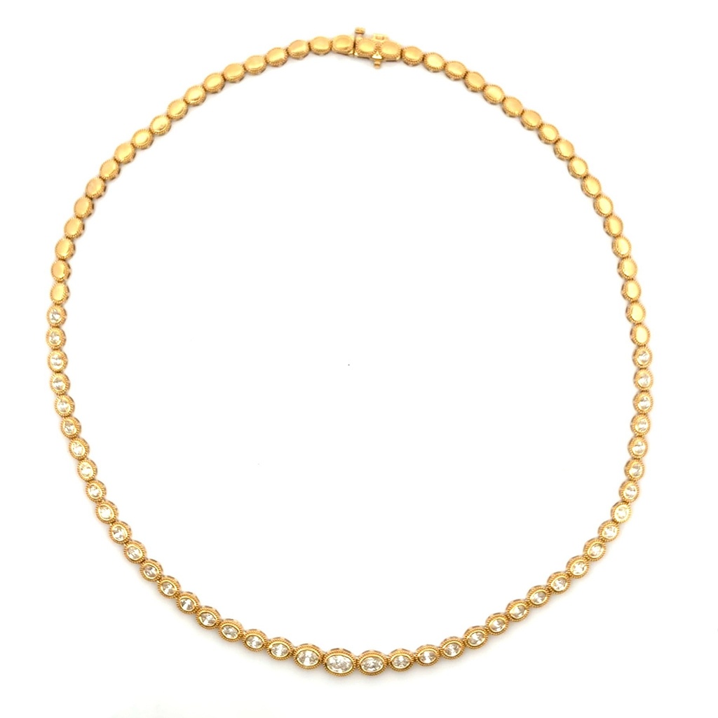 14Kt Yellow Gold Milgrain Tennis Necklace With Oval Diamonds Weighing 3.07cttw