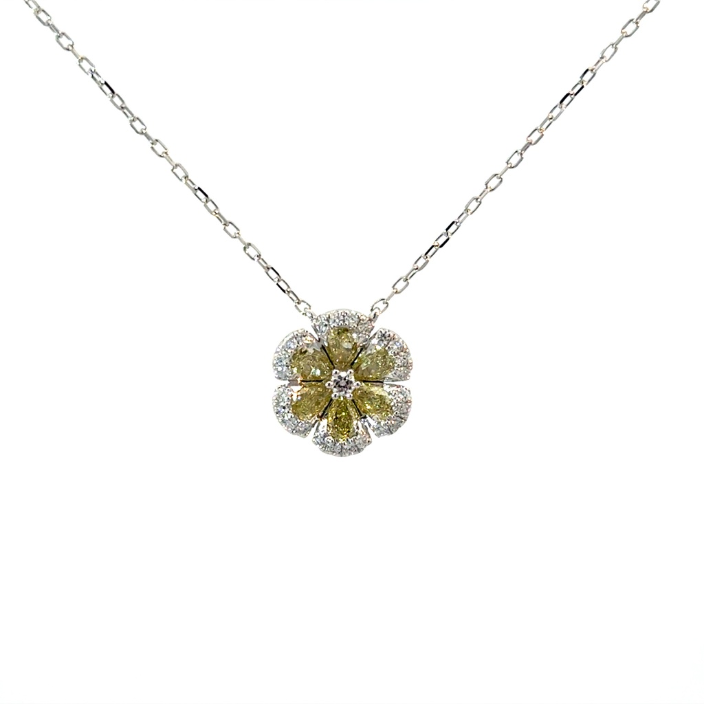 14Kt White Gold Fancy Yellow Flower Necklace With Round And Pear Shaped Diamonds Weighing 1.36cttw