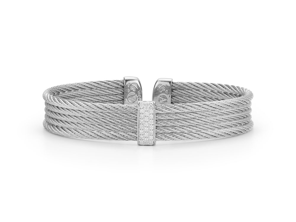 Diamond Grey Nautical Cable Five Row Cuff Bracelet 0.19cttw
