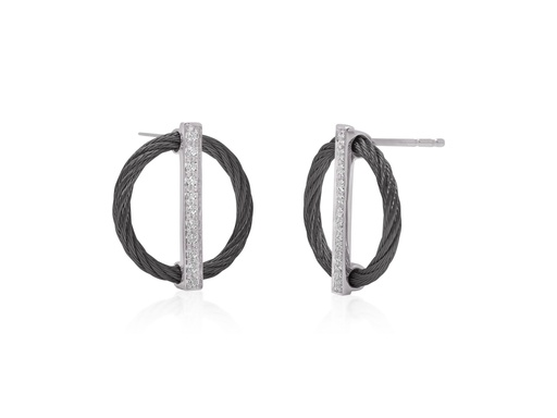 [03-52-1221-11] White Gold Black Nautical Cable Diamond Circle Drop Earrings 0.18cttw