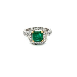 [16767] White Gold Ring A Center Emerald Weighing 1.46ct And A Round Diamond Halo And Band Weighing 1.00ct