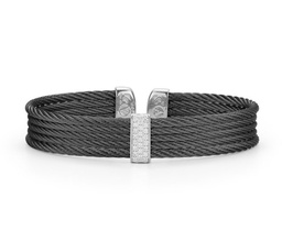 [04-52-0651-11] 18Kt White Gold Black Nautical Cable Cuff Bracelet With Round Diamonds Weighing 0.19cttw
