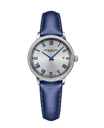 [5985-SCS-00653] 29mm Quartz Silver Dial Watch With A Blue Leather Strap And 76 Round Diamonds Weighing 0.17cttw