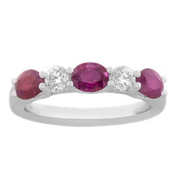 [R6498-R] 18Kt White Gold Five Stone Ring With (3) Oval Rubies Weighing 1.50ct And (2) Round Diamonds Weighing 0.30ct