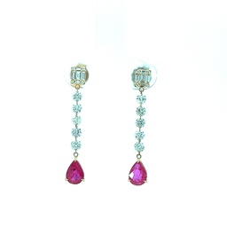 [6830-2] 18Kt Rose Gold Dangle Earrings With (2) Pear Shaped Rubies Weighing 1.32ct, (10) Baguette Diamonds, And (58) Round Diamonds Weighing 1.05ct