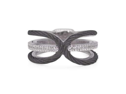 [02-52-2818-11] 18Kt White Gold Black Nautical Cable Ring With (20) Round Diamonds Weighing 0.13cttw