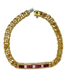 [22263] 18Kt Yellow Gold Cuban Link Bracelet With A Station Of (8) Princess Cut Rubies Weighing 1.07ct And (42) Round And (3) Princess Cut Diamonds Weighing 0.83ct