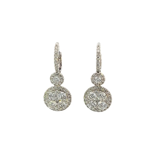 [M4776] 14Kt White Gold Halo Style Dangle Earrings With (102) Round Diamonds Weighing 3.21cttw