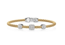 [04-37-S921-11] 18Kt White Gold Yellow Twisted Nautical Cable Two Circle And Single Square Station Bracelet With (27) Round Diamonds Weighing 0.14cttw