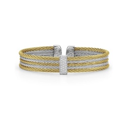 [04-43-S651-11] 18Kt White Gold Yellow And Grey Nautical Cable Cuff Bracelet With (23) Round Diamonds Weighing 0.19cttw