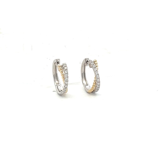 [E8101E] 14Kt Two Toned Crossed Hoops With (26) Round Diamonds Weighing 0.42cttw