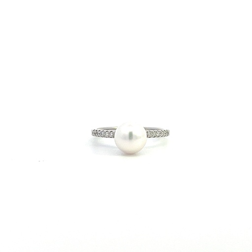 [PR143AW] 14Kt White Gold Ring With An 8mm Cultured Pearl And (14) Round Diamonds Weighing 0.14cttw