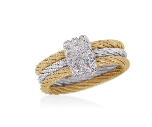[02-43-5338-11] 18Kt White Gold Grey And Yellow Nautical Cable Ring With (21) Round Diamonds Weighing 0.11cttw
