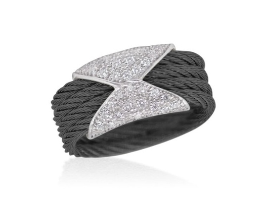 [02-52-2074-11] 18Kt White Gold Black Nautical Cable Hourglass Band With (32) Round Diamonds Weighing 0.16cttw