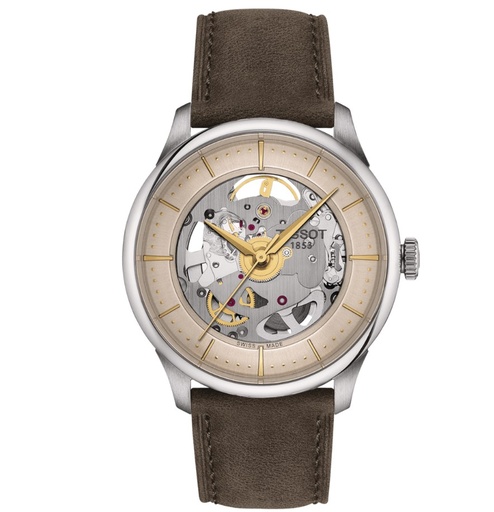 [T139.836.16.261.00] 39mm Chemin De Tourelles Skeleton Quartz Watch With A Green Leather Strap