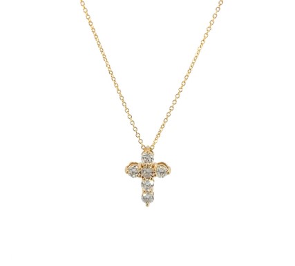 [P078-100-Y] 14Kt Yellow Gold Cross Necklace With (6) Round Diamonds Weighing 0.97cttw