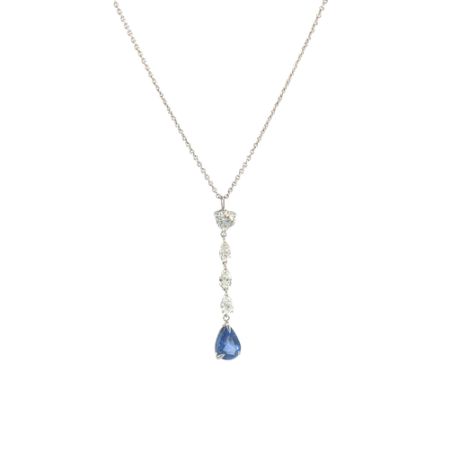 [7347] 18Kt White Gold Dangle Necklace With A Pear Shaped Sapphire Weighing 0.73ct, (3) Pear Shaped Diamonds Weighing 0.27ct, And A Round Diamond Weighing 0.23ct
