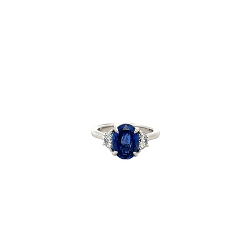[23553] Platinum Three Stone Ring With An Oval Sapphire Weighing 4.08ct And (2) Half Moon Diamonds Weighing 0.47ct