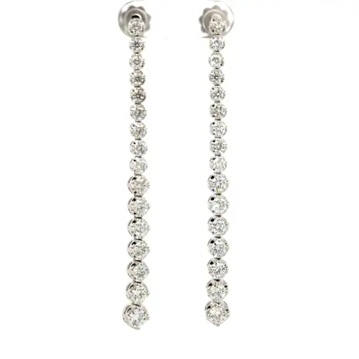 [E092-350-W (ER106)] 14Kt White Gold Graduated Drop Earrings With (32) Round Diamonds Weighing 3.48cttw