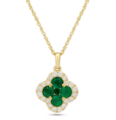 [P80909] 14Kt Yellow Gold Clover Necklace With (5) Round Emeralds Weighing 0.85ct And (20) Round Diamonds Weighing 0.40ct