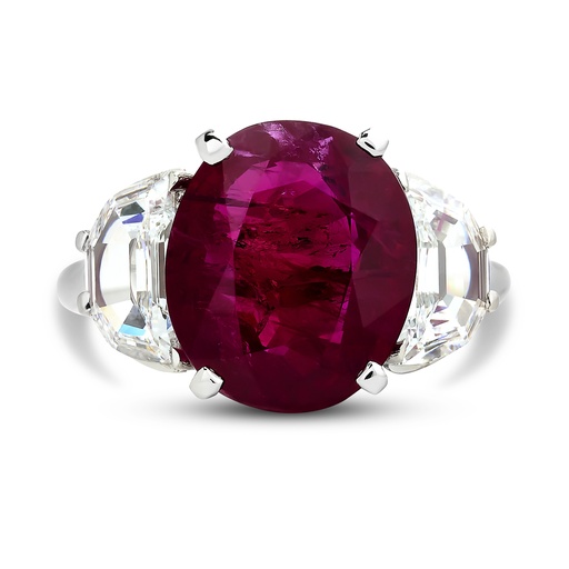 [PRTR80269-P] Platinum Three Stone Ring With And Oval Ruby Weighing 5.87ct And (2) Half Moon Diamonds Weighing 0.96ct