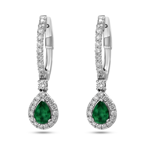 [E79822] 14Kt White Gold Dangle Earrings With (2) Pear Shaped Emeralds Weighing 0.70ct and (52) Round Diamonds Weighing 0.80ct