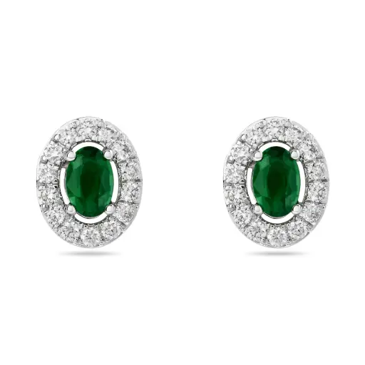 [E79794] 14Kt Yellow Gold Halo Style Studs With (2) Oval Emeralds Weighing 0.88ct and (28) Round Diamonds Weighing 0.51ct