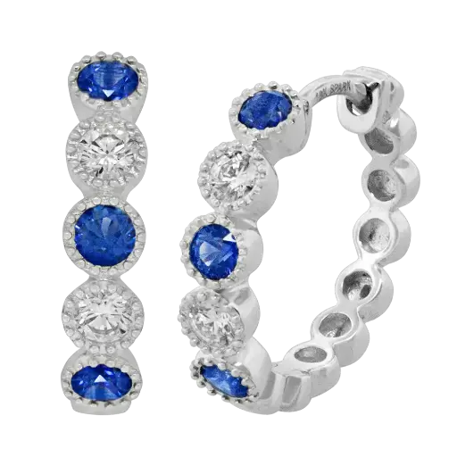 [E6368-S] 18Kt White Gold Milgrain Hoops With (6) Round Sapphires Weighing 0.36ct And (4) Round Diamonds Weighing 0.20ct