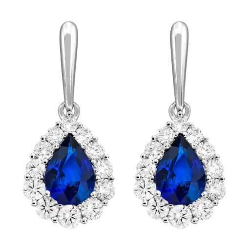 [E6633-S] 18Kt White Gold Drop Earrings With (2) Pear Shaped Sapphires Weighing 1.80ct And (24) Round Diamonds Weighing 0.78ct