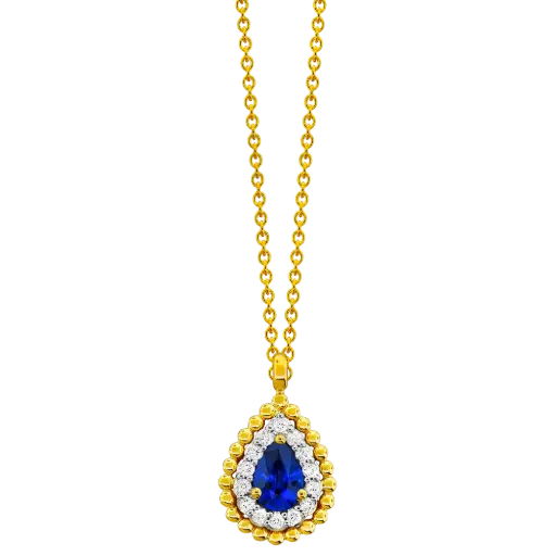[P6746-S] 18Kt Two Toned Halo Style Necklace With A Pear Shaped Sapphire Weighing 0.55ct And (14) Round Diamonds Weighing 0.14ct