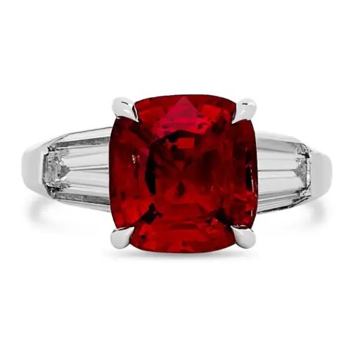 [ORPLSP307-O] Platinum Ring With A Cushion Cut Spinel Weighing 3.07ct And (6) Baguette Diamonds Weighing 1.00ct