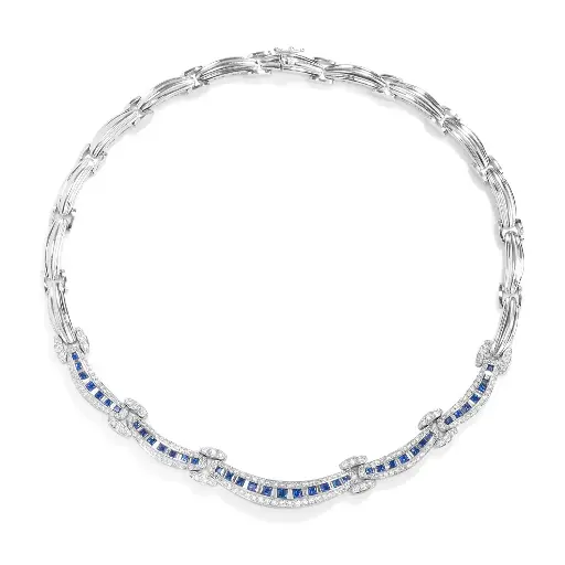 [N65024.1] 18Kt White Gold Necklace With (216) Round Diamonds Weighing 3.34ct, (34) Baguette Diamonds Weighing 1.15ct, And (39) Sapphires Weighing 3.62ct