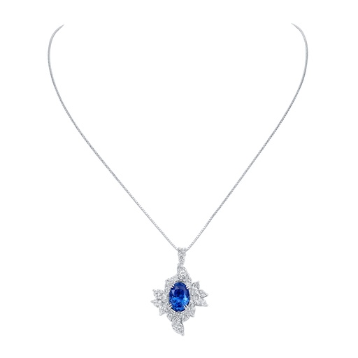 [P73473.1] Platinum Necklace With An Oval Sapphire Weighing 5.40ct, (4) Pear Shaped Diamonds, (12) Marquise Diamonds, And (5) Round Diamonds Weighing 3.65ct