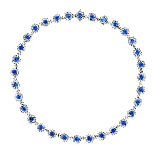 [N76288] 18Kt White Gold Halo Style Necklace With (32) Round Sapphires Weighing 19.96ct And (416) Round Diamonds Weighing 13.38ct