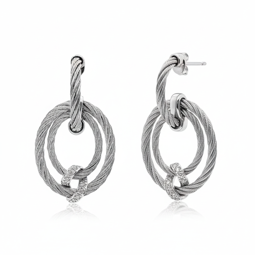 [03-32-2609-11] 14Kt White Gold Grey Nautical Cable Oval Drop Diamond Earrings 0.13cttw