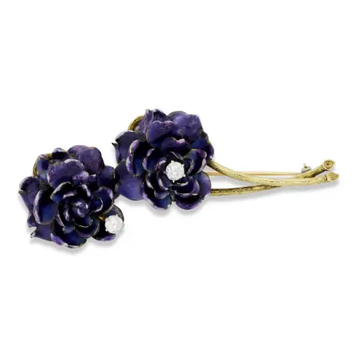 [BR77745.2] Flower Enamel Pin With (2) Old European Cut Diamonds Weighing 0.38cttw H-I/VS2-SI1 In 18Kt Yellow Gold
