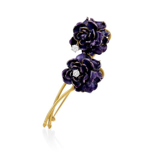 [BR77745.2] Flower Enamel Pin With (2) Old European Cut Diamonds Weighing 0.38cttw H-I/VS2-SI1 In 18Kt Yellow Gold