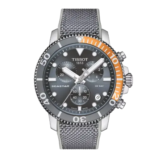 [T120.417.17.081.01] 45.5mm Seastar 1000 Quartz Movement Grey Dial Watch With A Grey Fabric Strap