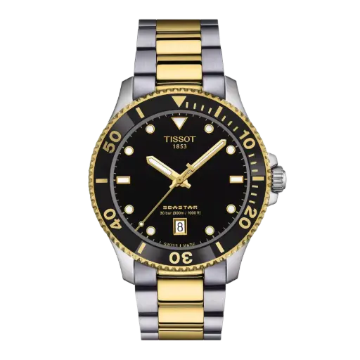 [T120.410.22.051.00] 40mm Seastar Black Dial Quartz Movement Watch With A Stainless Steel Strap