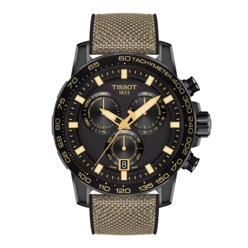 [T125.617.37.051.01] 45.5mm Supersport Chrono Quartz Movement Black Dial Watch With A Beige Fabric Strap