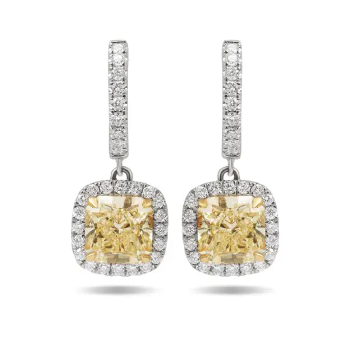 [E42378B.2] Halo Style Dangle Earrings With (2) Radiant Yellow Diamonds Weighing 4.86ct And Round Diamonds Weighing 1.00ct In 18Kt White And Yellow Gold