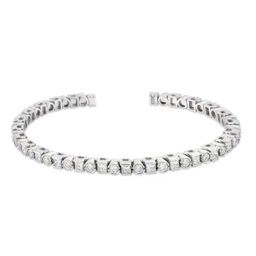 [B37223.2] Cuff Bracelet With (25) Rounds And (24) Princess Cut Diamonds Weighing 4.45cttw In 18Kt White Gold