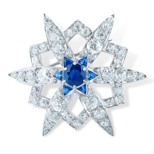 [BR52370.1] Floral Pin With (1) Round Sapphire Weighing 1.20ct And (54) Old European Cut Diamonds Weighing 5.25ct In 14Kt Yellow Gold And Platinum