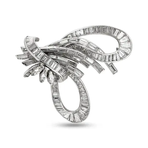[BR64198D.2] Floral Pin With (119) Baguette Diamonds Weighing 7.50ct And (3) Marquise Diamonds Weighing 0.25ct In Platinum And 14Kt White Gold